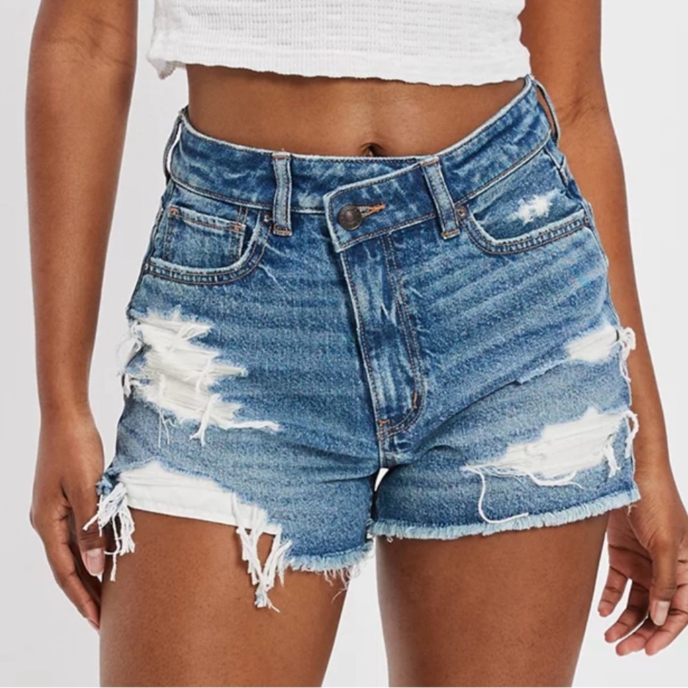 American Eagle Outfitters High-Rise Distressed Blue Denim Shorts